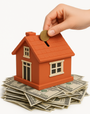 Piggy Bank House with Hand on Cash