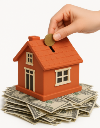 Piggy Bank House with Hand on Cash